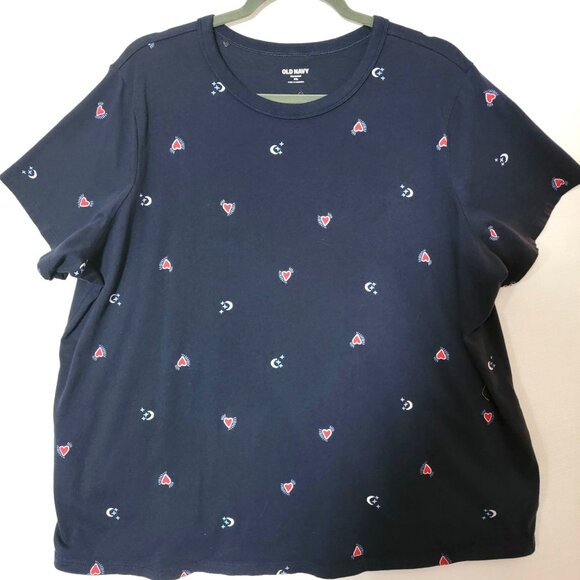 Old Navy Womens T-Shirt Sz XXL Short Sleeve Pullover Cotton Hearts & Moons Navy - Picture 1 of 10